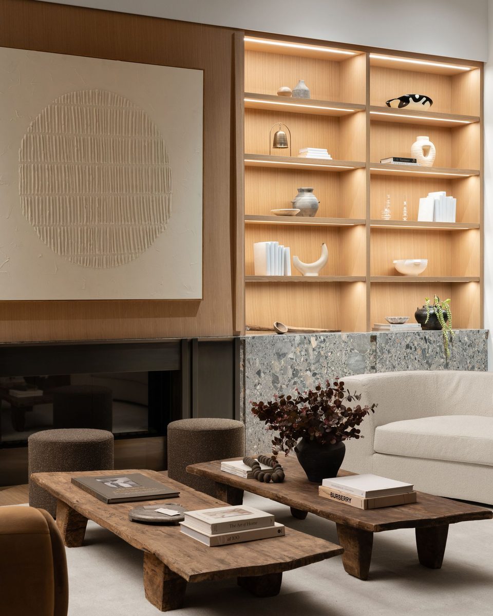 Styled vignette — living room shelves and coffee table, 55 Del Monte Drive